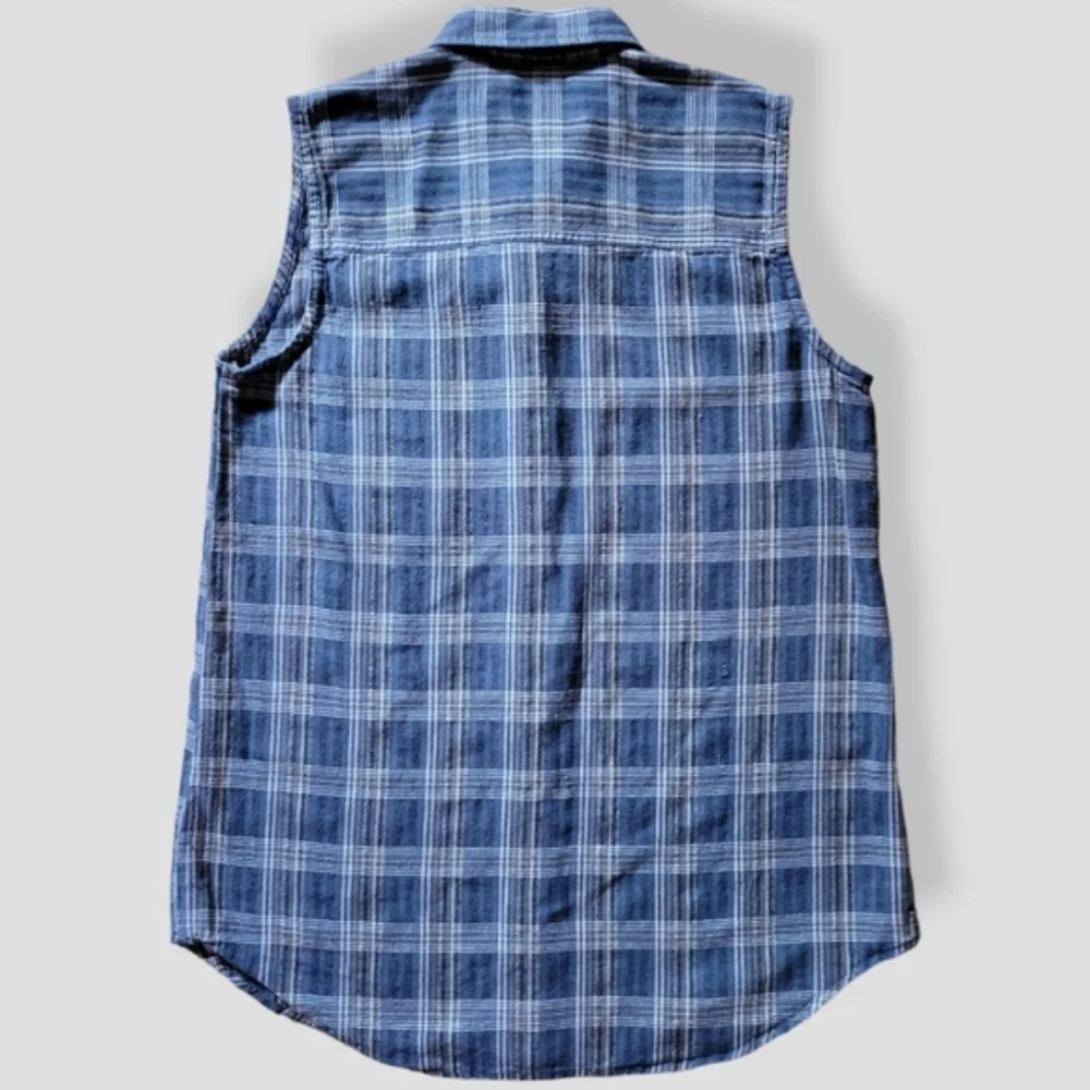 VINTAGE 1990s LEGEND JEANSWEAR Sleeveless Button Down Plaid Top Denim Blue - Picture 4 of 11